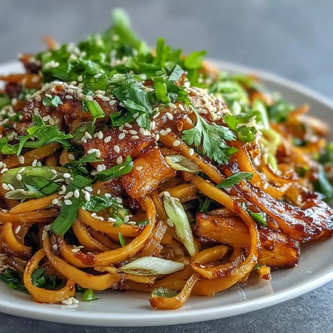 Gochujang Swede Noodles with tender roasted ribbons and a vibrant, spicy sauce.