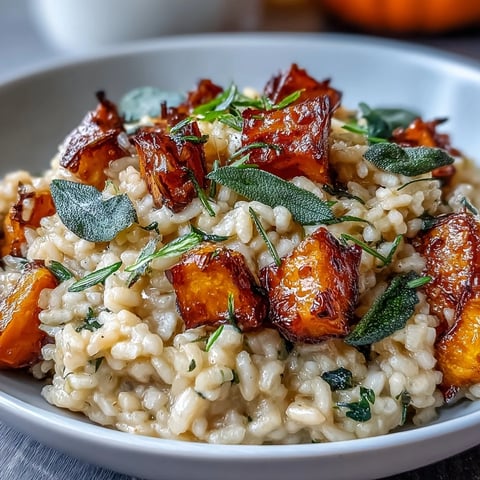 Creamy Vegan Pumpkin Risotto garnished with golden roasted pumpkin cubes and crispy sage leaves on a rustic plate.