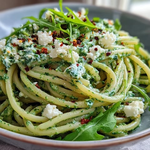 Creamy, peppery Linguine with Arugula Pesto twirled on a fork, served with extra Parmesan and arugula garnish.  