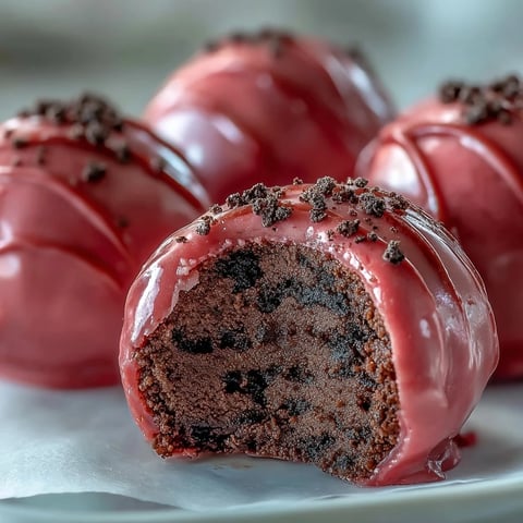 Glossy Oreo Truffle Balls with Pink Candy Coating rest on parchment, showing a firm snap from the candy shell.