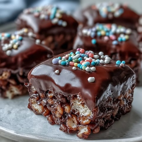 Chocolate Covered Rice Krispy Treats cut into neat squares with a glossy chocolate topping and rainbow sprinkles for a party tray.