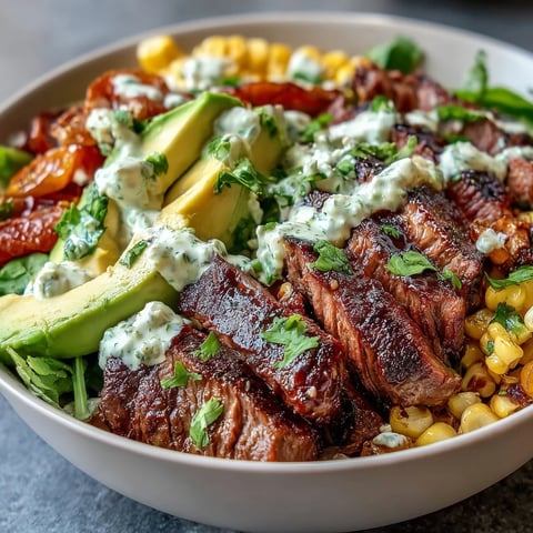 Sliced flank steak rests atop a vibrant bowl with charred roasted corn, avocado, and cherry tomatoes, drizzled with creamy green cilantro sauce. 