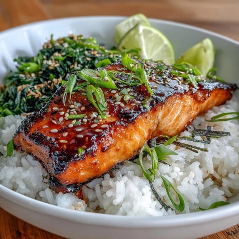 Vibrant Miso Glazed Salmon Bowl featuring caramelized fillets over fluffy jasmine rice and bright sautéed spinach.