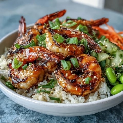 Grilled shrimp sits atop jasmine rice with crisp cucumber, carrots, and edamame in this vibrant Asian Shrimp Bowl.  