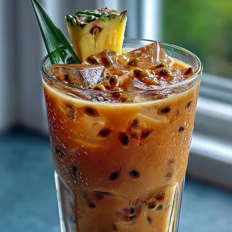 A tall glass of homemade Iced Guava Passionfruit Drink over ice with a pineapple garnish.