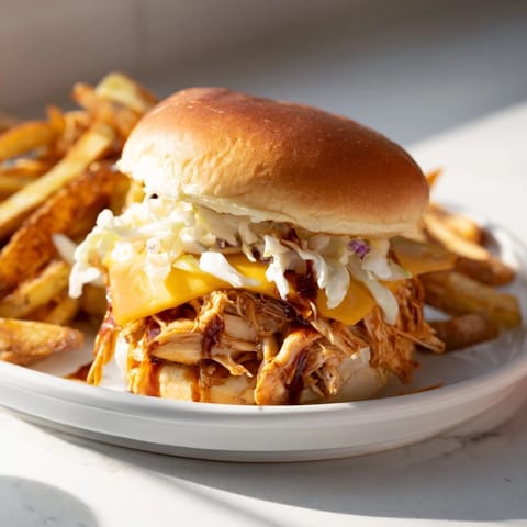 Moist shredded BBQ chicken sliders on toasted buns, paired with perfectly seasoned fries, ready to eat.