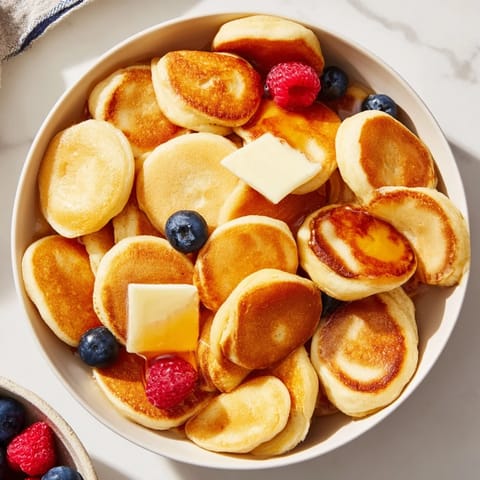 Small, bite-sized pancake cereal pieces with fresh berries, a delightful and fun morning meal.