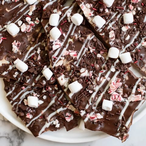 Indulge in a homemade Hot Chocolate Bomb Bark: a close-up shows crunchy peppermint and a rich chocolate base.