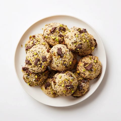 Close-up of golden Salted Pistachio Chocolate Chunk Shortbread, showcasing rich chocolate and crunchy pistachios.