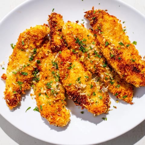 Oven-baked Garlic Parmesan Chicken Tenders, glistening with garlic butter, perfect for a family meal.