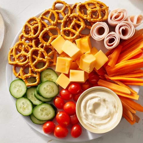 This delicious Renard Rusé Snack Assortment features colorful crudités perfectly complementing savory cheese and fruits.