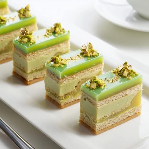 These bite-sized Grenouille Royale Petits Fours show glossy citrus glaze, chopped pistachios, an elegant dessert visually.