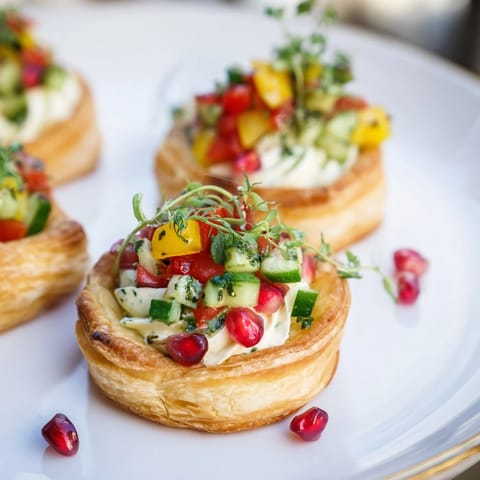 Golden Savory Tartlets, mini wreath appetizers, boast vibrant red and green vegetable garnishes, ready to eat.