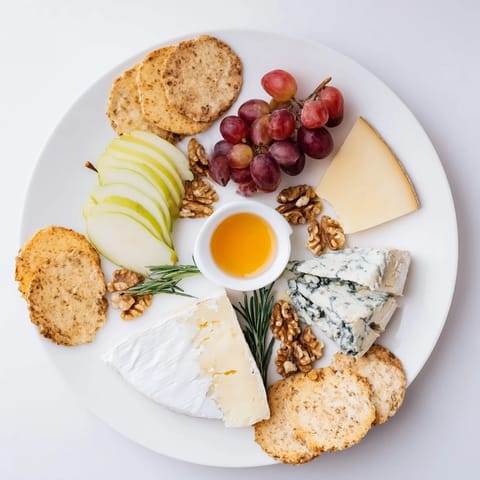 Delectable cheese plate appetizer featuring creamy brie, aged cheddar, and assorted fruits and crackers.