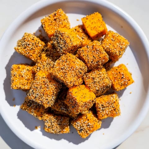 Close-up of everything bagel seasoning coating the sharp cheddar in these easy Salty Bites.