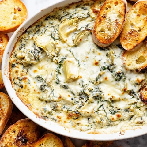 Creamy Spinach Artichoke Dip with toasted baguettes, a delicious appetizer to share.