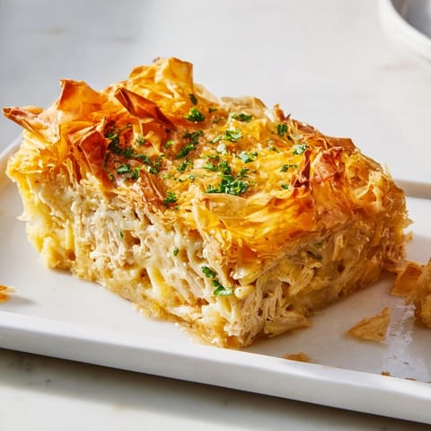 Crispy phyllo dough tops this savory Chicken and Pasta Crinkle Cake, bubbling with cheesy goodness.