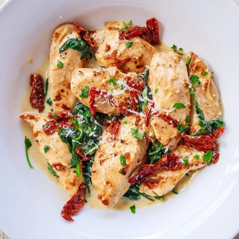 A close-up of Creamy Tuscan Chicken, showing tender chicken and vibrant spinach in a creamy sauce.