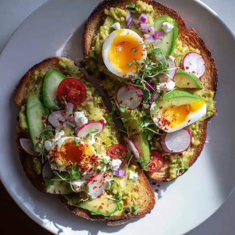 Enjoy creamy avocado and tasty toppings adorning this flavorful Loaded Avocado Toast recipe.