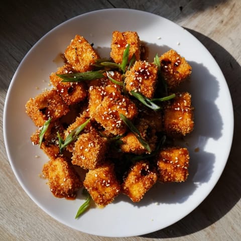 These flavorful Honey Sriracha Tofu Nuggets are tossed, ready to be enjoyed as a snack.