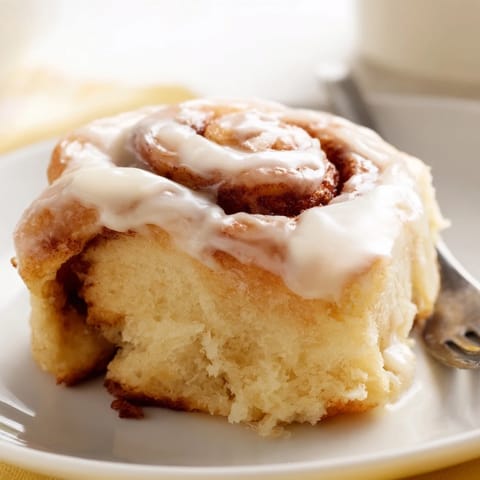Warm Pillow Soft Cinnamon Rolls drizzled with cream cheese glaze, served on a rustic plate.