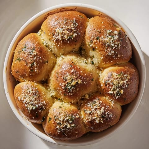 Warm Garlic Butter Bread Pull-Apart rolls, soft and fluffy, ready to be served alongside a hearty pasta dinner.  