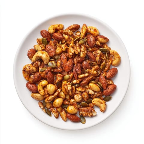 A close-up of fragrant Spiced Nuts and Seeds Mix, dusted with colorful spices.
