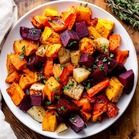 Roasted Root Vegetable Medley, featuring caramelized carrots, parsnips, and sweet potatoes garnished with fresh parsley.