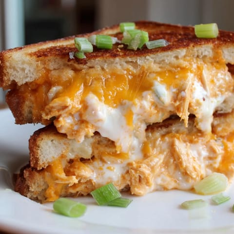 Spicy buffalo chicken and creamy ranch filling spill out from a crispy, buttery sourdough grilled cheese, topped with green onions.