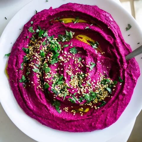 Bright pink Roasted Beet Hummus, drizzled with olive oil, served warm.