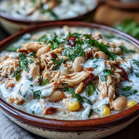 Steaming pot of White Chicken Chili featuring tender shredded chicken, white beans, corn, and green chiles for a cozy dinner.