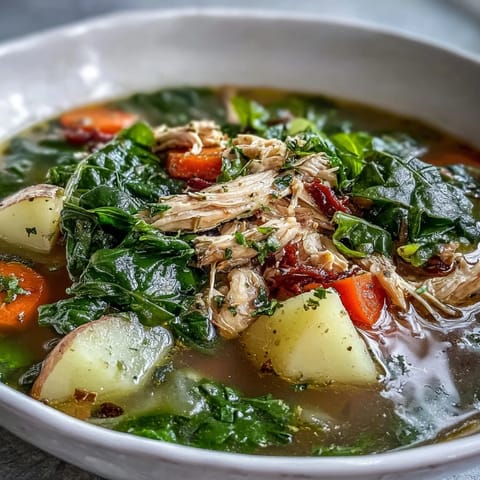 Steaming bowl of Collard Greens, Chicken and Vegetable Soup, featuring tender shredded chicken and hearty potatoes.