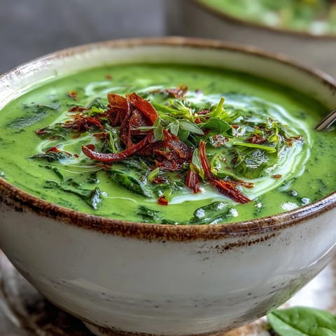 Creamy Spinach Coriander Lemongrass Soup in a rustic bowl, garnished with fresh cilantro and a slice of red chili for heat.