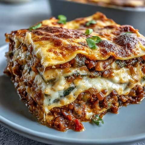 Single-pan One-Pan Smoky Veggie Lentil Lasagne served with crusty bread and a green salad on the side.
