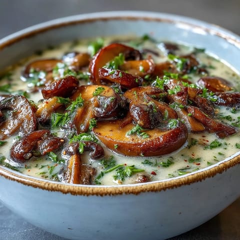 A ladle pours a rich Creamy Mushroom Stroganoff Soup into a bowl beside a slice of crusty artisan bread.