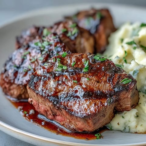 Golden-brown venison steaks rest atop a bowl of creamy caraway crushed swede mash, garnished with fresh thyme.  