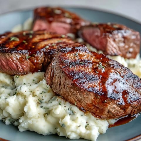 A close-up of tender venison slices alongside a rustic, buttery swede mash flecked with toasted caraway seeds.  