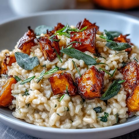 Creamy Vegan Pumpkin Risotto garnished with golden roasted pumpkin cubes and crispy sage leaves on a rustic plate.