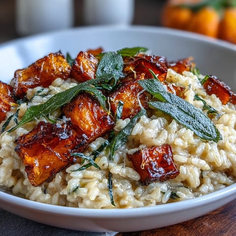 A warm bowl of Vegan Pumpkin Risotto topped with crunchy fried sage and a sprinkle of nutritional yeast.
