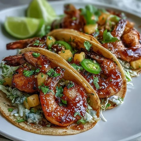 Juicy sriracha shrimp glisten beside vibrant mango salsa in a soft flour tortilla, finished with crunchy red cabbage and fresh lime wedges.