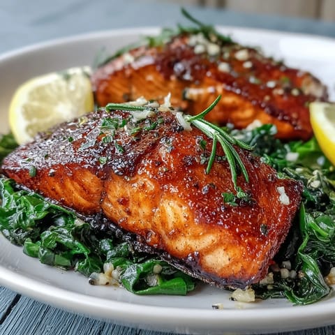 Healthy, gluten-free dinner with tender garlic Swiss chard and juicy salmon cooked in the air fryer.
