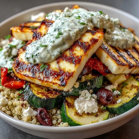 A close-up of Healthy Grilled Mediterranean Bowl with charred eggplant, juicy chicken, and briny olives served with a cooling drizzle.
