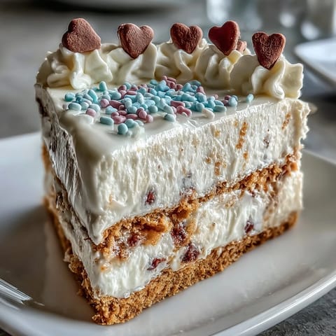 A whole Candy Hearts Fake Cake with pink whipped frosting and pastel conversation hearts, ready to serve with tea or rosé.