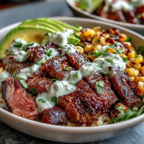 A colorful Tex-Mex bowl filled with tender steak, creamy avocado slices, roasted corn kernels, red onions, and cilantro cream sauce over fluffy quinoa. 