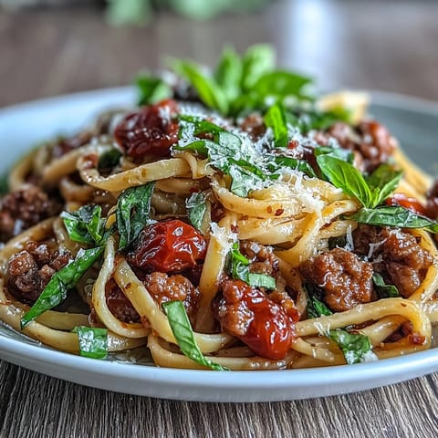 Shrimp version of Italian Drunken Noodles tossed with garlic, onions, and parsley, served in a white bowl with lemon wedges.