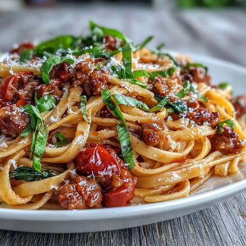 A close-up of Italian Drunken Noodles with spicy sausage, sweet cherry tomatoes, and fresh basil in a rich red wine sauce.