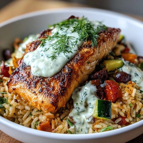Crispy rice salmon bowl with golden pan-seared salmon fillet atop crunchy rice, drizzled with lemon-yogurt sauce.