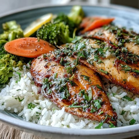 A top-down view of a wholesome Baked Tilapia Bowl, featuring herb-crusted fillets on fluffy rice with bright green broccoli and orange carrot rounds.