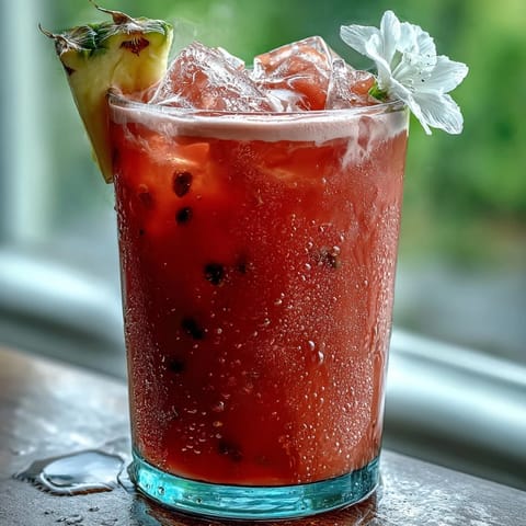 Glistening Iced Guava Passionfruit Drink served in a clear glass with tropical fruit garnishes.