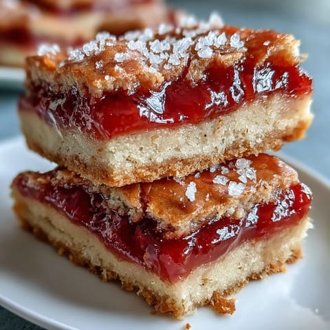 Golden-baked Guava Cake Bars with a luscious pink guava filling, cut into neat squares on a wooden board.  